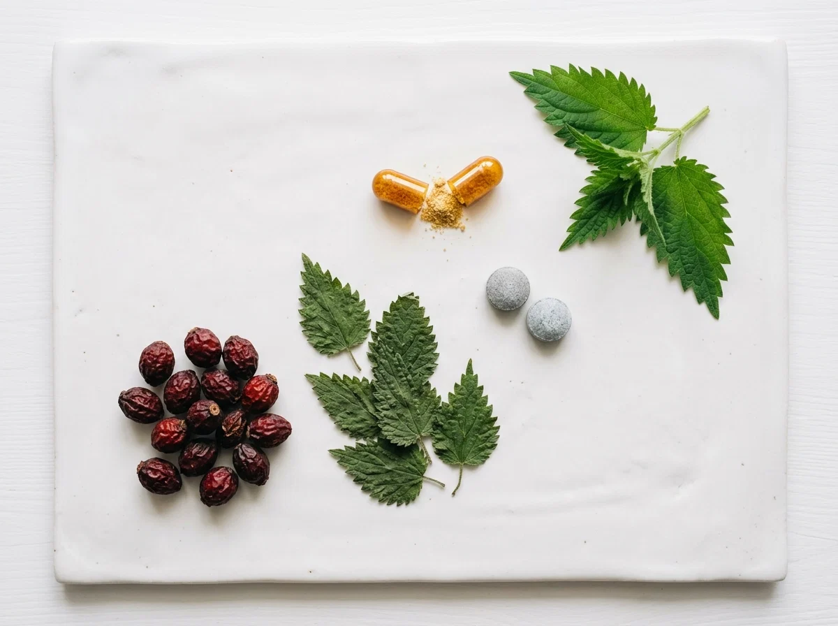 Saw palmetto berries, dried nettle leaves, zinc mineral tablets and vitamin capsules - Hardero supplement ingredients