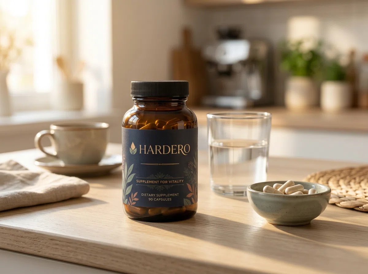 Hardero supplement bottle on timber surface with glass of water and herbs - men's wellness supplement NZ