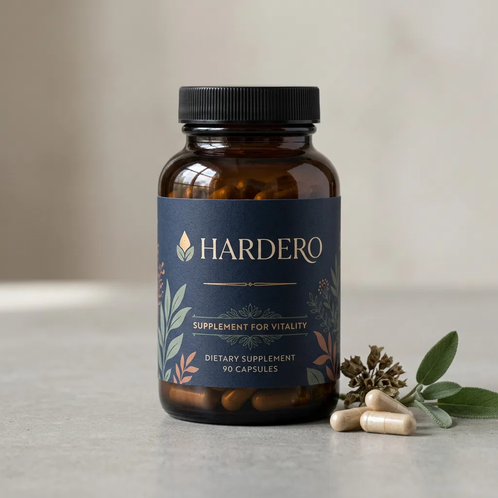 Hardero dark navy supplement bottle with white and gold label - men's pelvic wellness supplement New Zealand